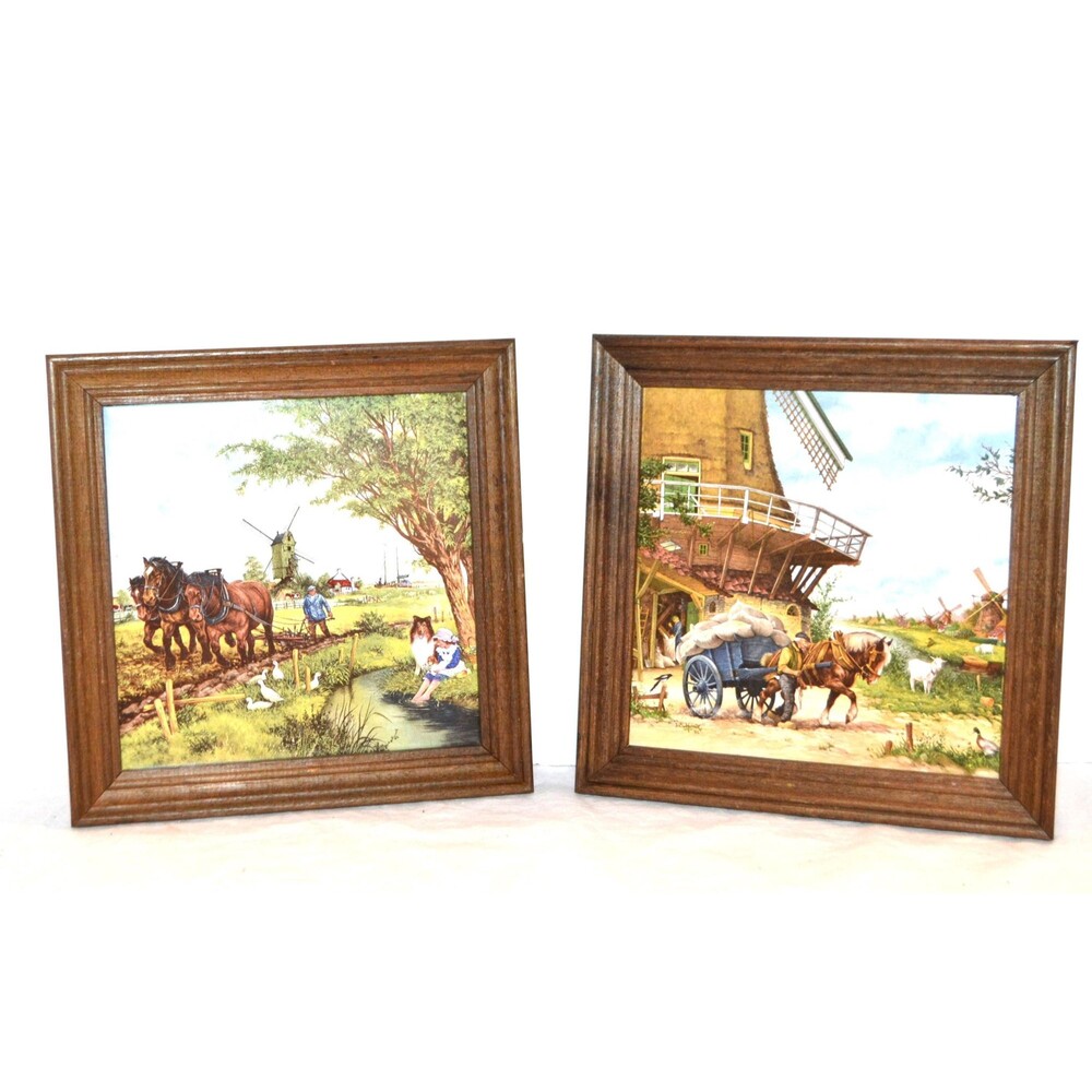 Vintage Dutch Netherlands Tiles Framed Windmills Farm and Landscape